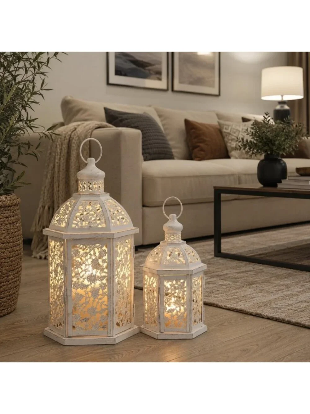 Set of 2 White Metal Lanterns - Decorative Candle Holders for Indoor & Outdoor